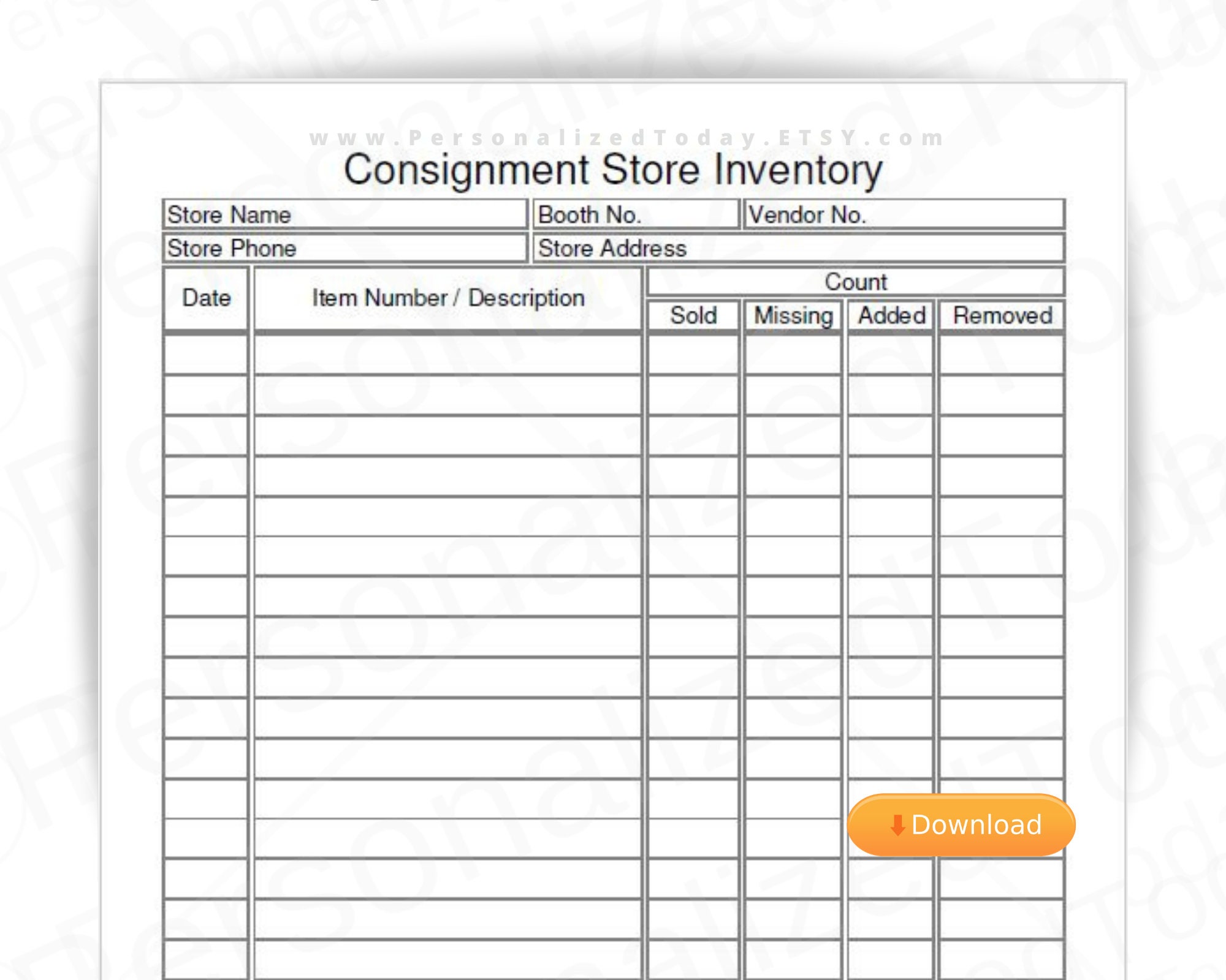 Consignment Store Inventory Tracker Printable and Fillable PDF 