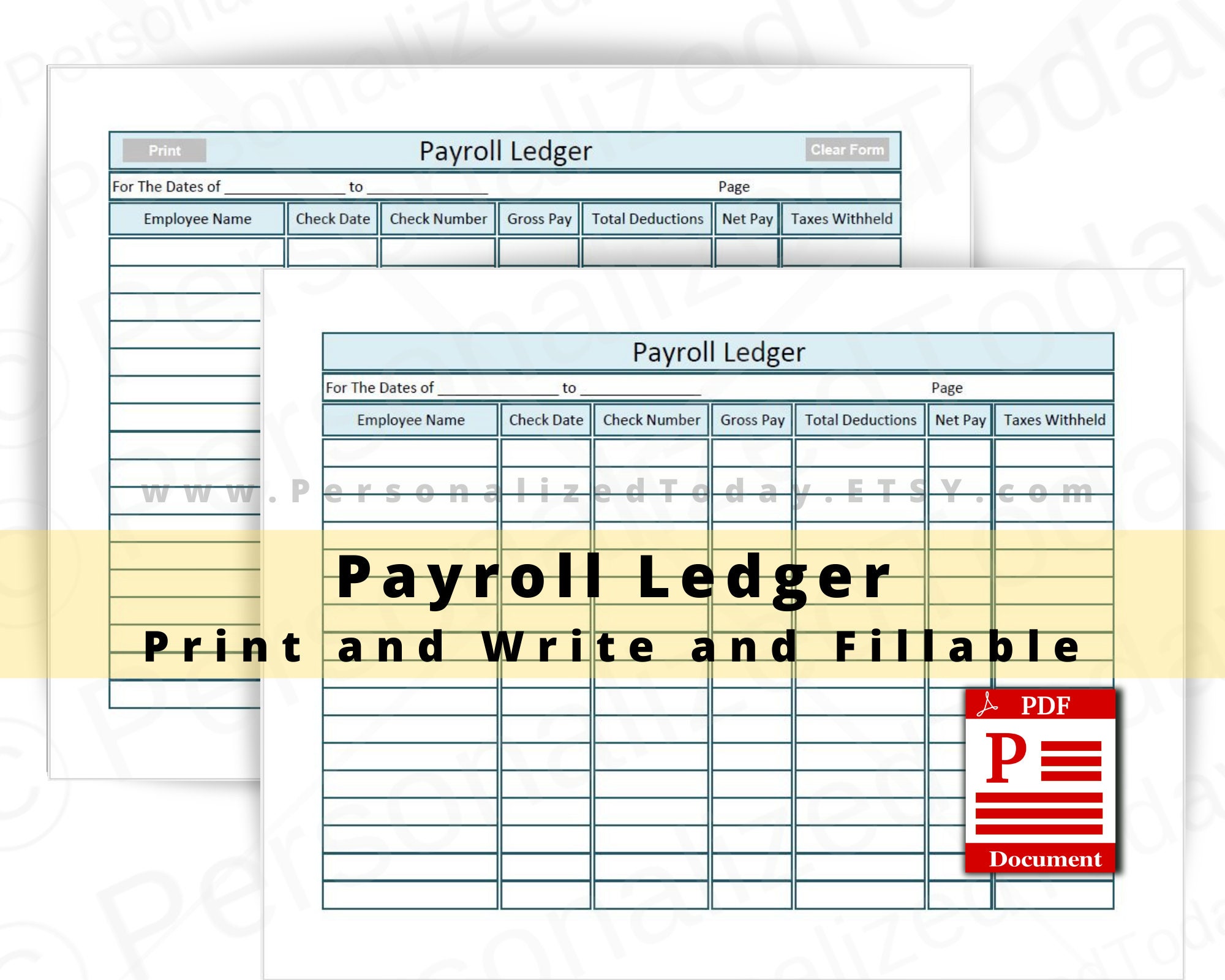 Payroll Ledger With Fillable Blank Text Fields Printable Etsy Australia