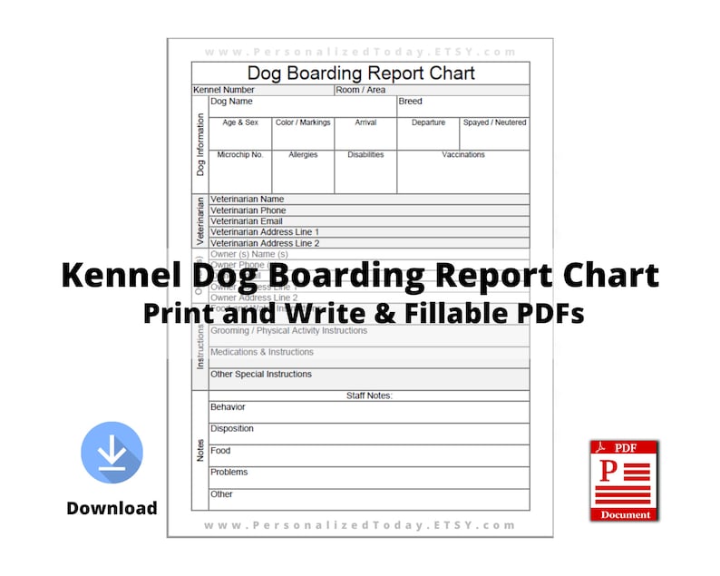 Printable Kennel Dog Boarding Report Chart Print and Write and Etsy