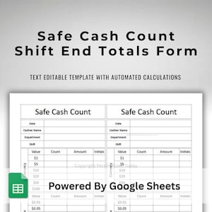 End of Shift Cash Register Safe Deposit Count - Text Editable Google Sheets Template - Cash Breakdown With Automatic Totals Calculations
