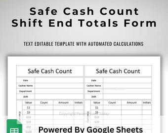 End of Shift Cash Register Safe Deposit Count - Text Editable Google Sheets Template - Cash Breakdown With Automatic Totals Calculations