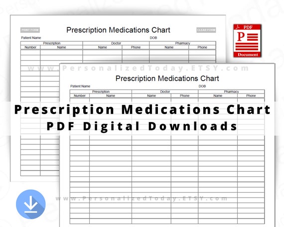 Prescription Medications Chart Text Input Fillable and Print | Etsy