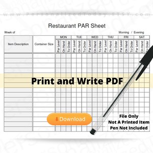 PDF Restaurant PAR Sheet Fillable and Print and Write Digital Download Files US Letter Size Not ...