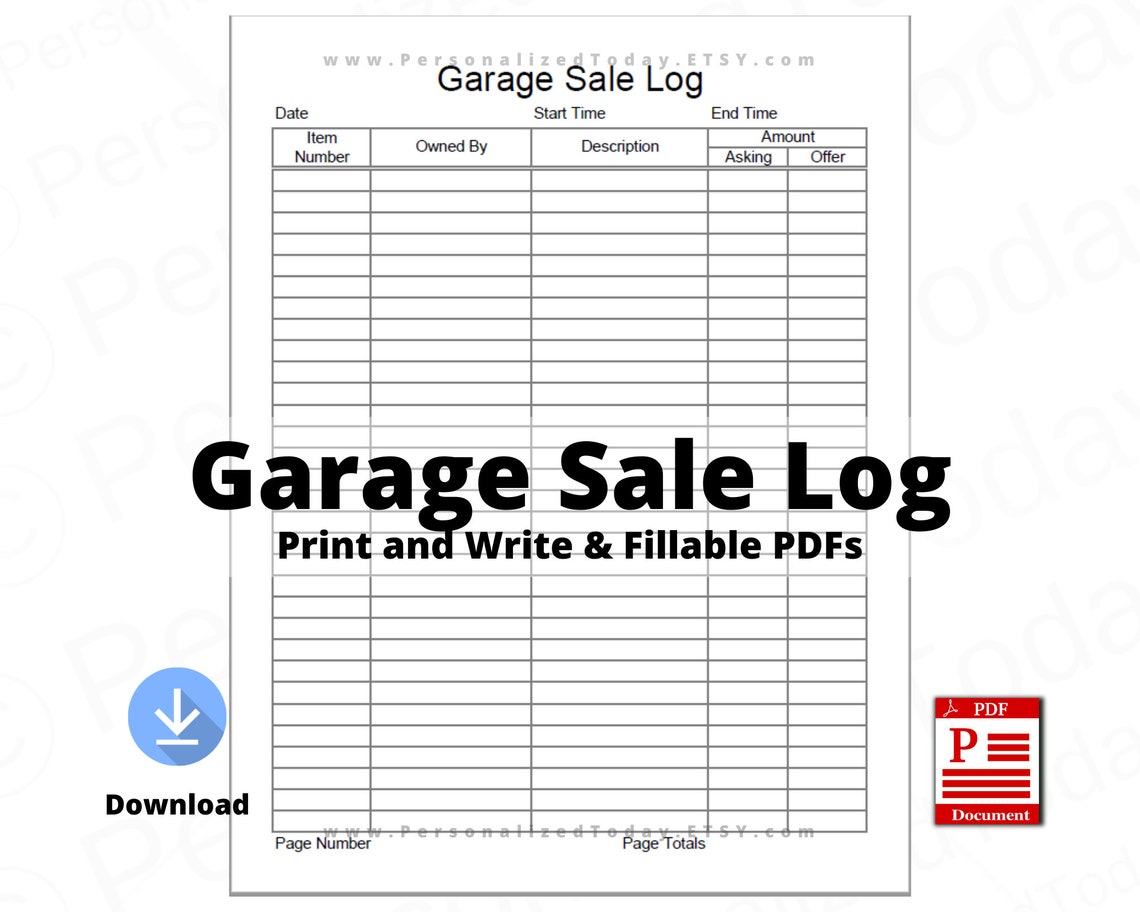 Printable Garage Sale Log Print and Write and Text Input Etsy