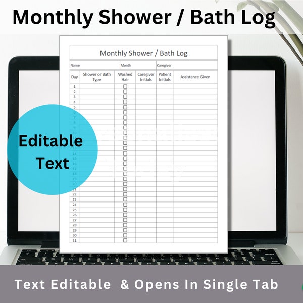 Assisted Living Monthly Shower / Bath Log Google Sheets Text Editable / Text Fillable Spreadsheet Template