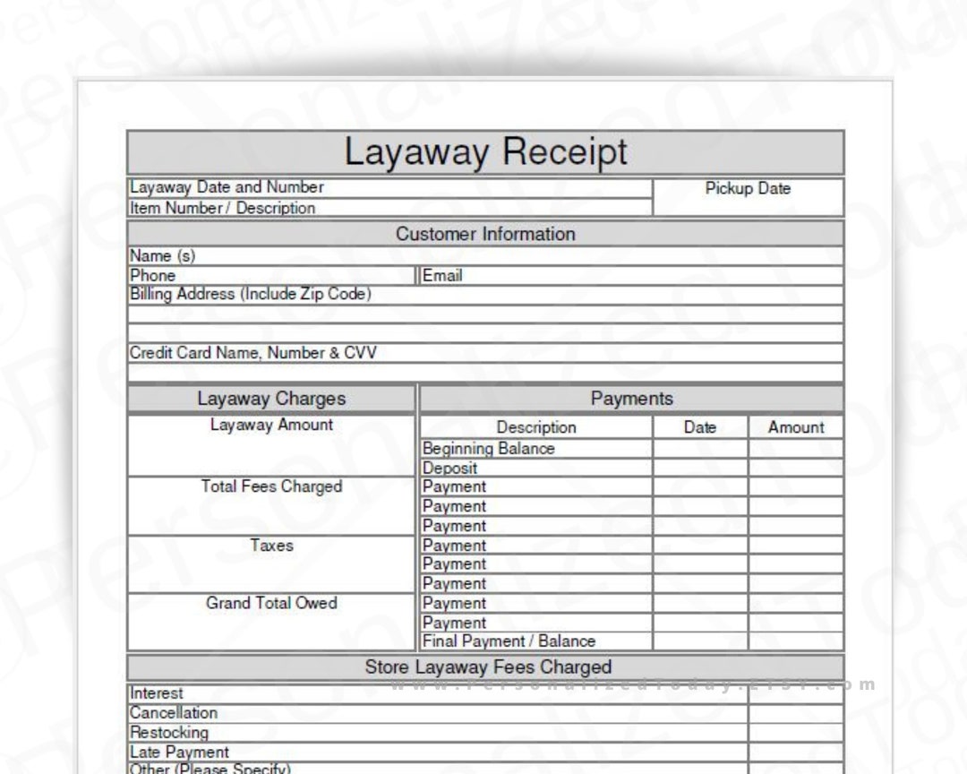 Layaway Receipt Fillable and Print and Write PDF Digital Download Files
