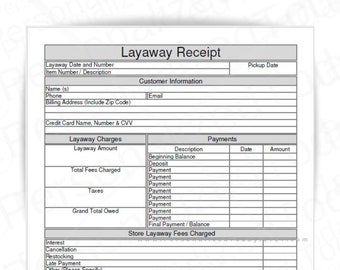 Layaway Receipt Fillable and Print and Write PDF Digital Download Files US Letter Size