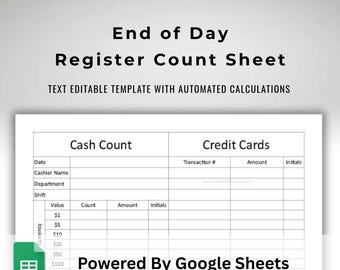End of Day Cashier Count Sheet on Google Sheets - Auto Reconcile Template - Currency, Credit Cards, Checks - Business Finance Log