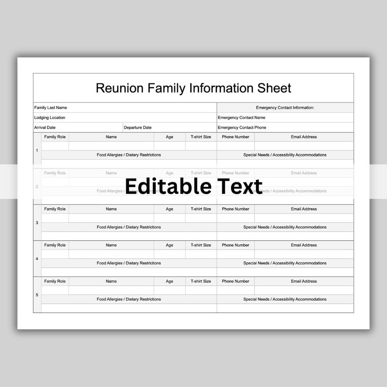 Family Reunion Registration Form - Attendee Contact and Accomodations ...