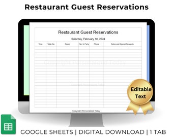 Restaurant Guest Table Reservations List Template Text Editable Google Sheets Patron Booking Form Party Seating Log US Letter Size Printable