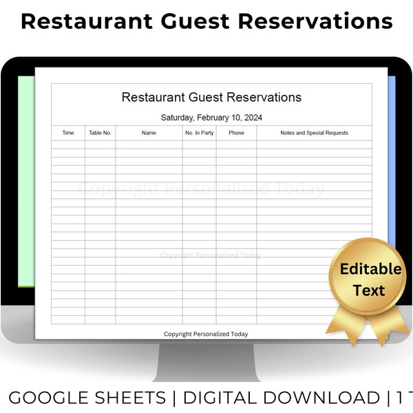 Restaurant Guest Table Reservations List Template Text Editable Google Sheets Patron Booking Form Party Seating Log US Letter Size Printable