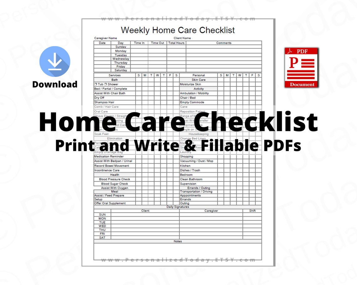 Weekly Home Care Checklist Print and Write and Fillable PDF Etsy