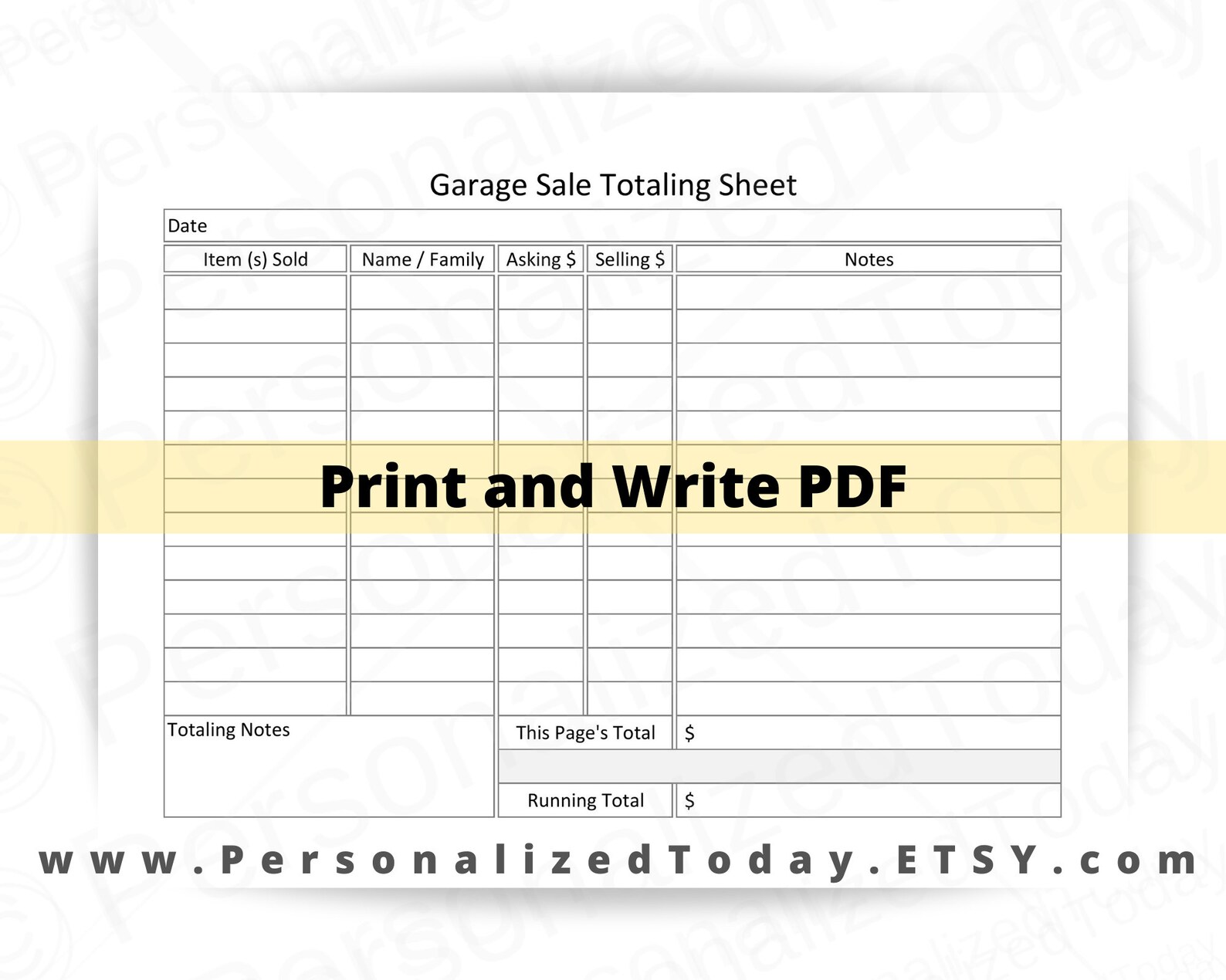Printable Garage Sale and Yard Sale Money Totaling Sheets PDF | Etsy