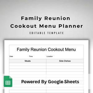 Può includere: Un modello stampabile di Family Reunion Cookout Menu Planner. Il documento include sezioni per data, ora, luogo, carni e contorni. Il testo "Family Reunion Cookout Menu Planner" è visualizzato in alto. Alimentato da Google Sheets.