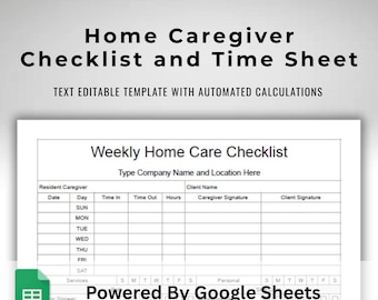 Weekly Home Care Checklist + Timesheet Template Google Sheets Online Editable Spreadsheet With Fillable Text & Automatic Hours Calculations