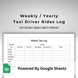 May include: A digital template for a taxi driver's rides log. The document is white with a table layout for tracking daily fares, tips, mileage, and expenses. The title reads "Weekly / Yearly Taxi Driver Rides Log". The template is powered by Google Sheets.