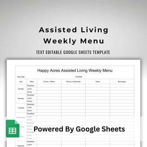 Może przedstawiać: Biały dokument zatytułowany "Assisted Living Weekly Menu" z tekstem "TEXT EDITABLE GOOGLE SHEETS TEMPLATE". Dokument zawiera tabelę dla menu tygodniowego, z sekcjami na posiłki, wybory, dodatki i napoje. Widoczne jest logo Google Sheets.