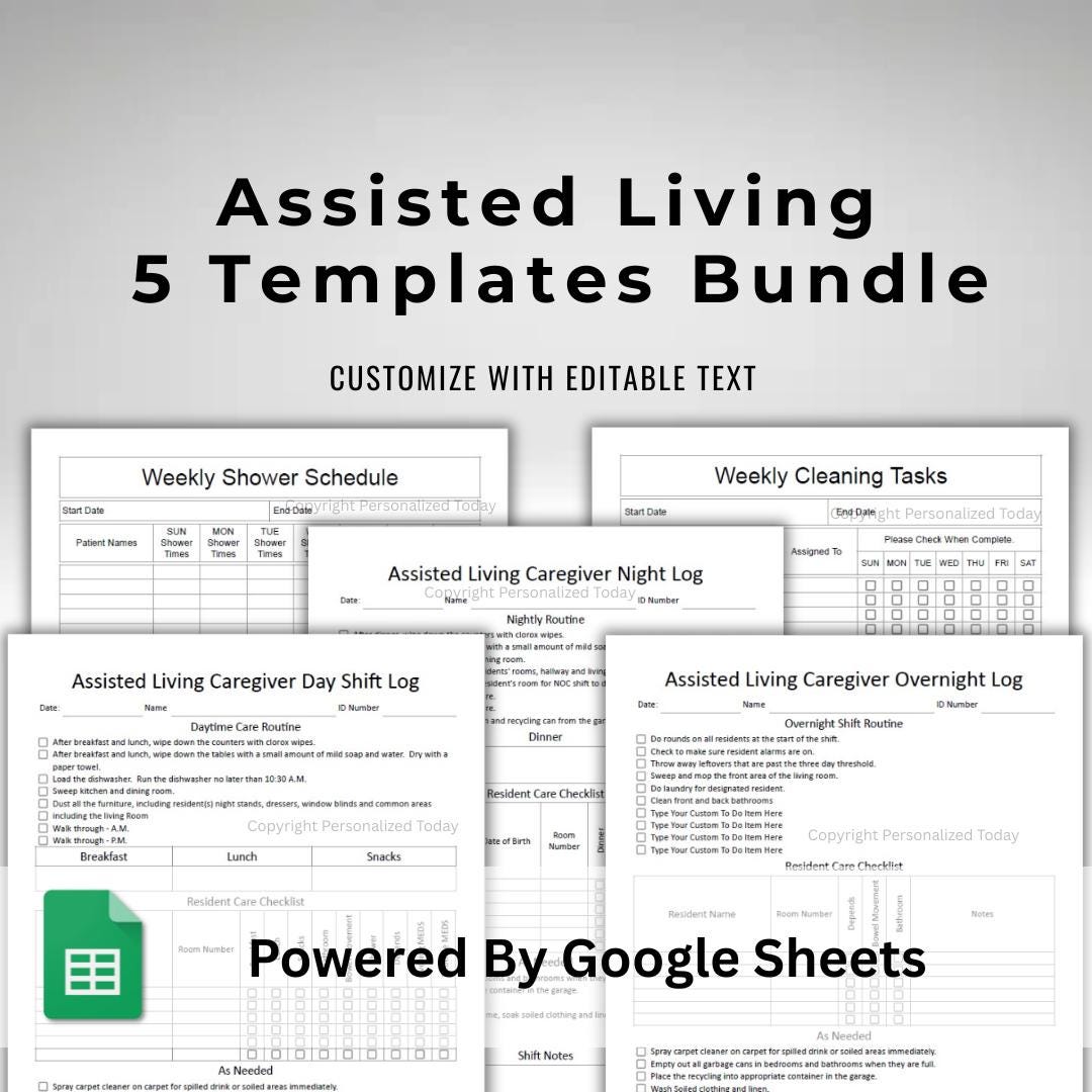Text Editable Assisted Living Shift Duties Bundle 5 Google Sheets Templates AM, PM and Overnight Logs and Weekly Shower & Cleaning Schedules