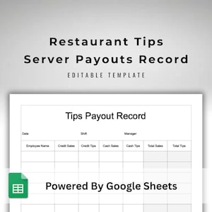 May include: A digital template titled Restaurant Tips Server Payouts Record, featuring a Tips Payout Record table with columns for Date, Shift, Manager, Employee Name, Credit Sales, Credit Tips, Cash Sales, Cash Tips, Total Sales, and Total Tips.