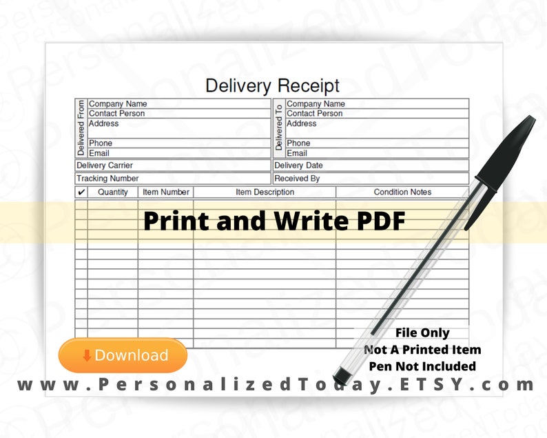 Delivery Receipt Fillable and Print and Write PDF Files US Etsy