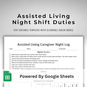 Google Sheets In Home Care Night Shift Duties - Caregiver NOC Shift Tasks List - Overnight Long Term Care Assisted Living Report Template