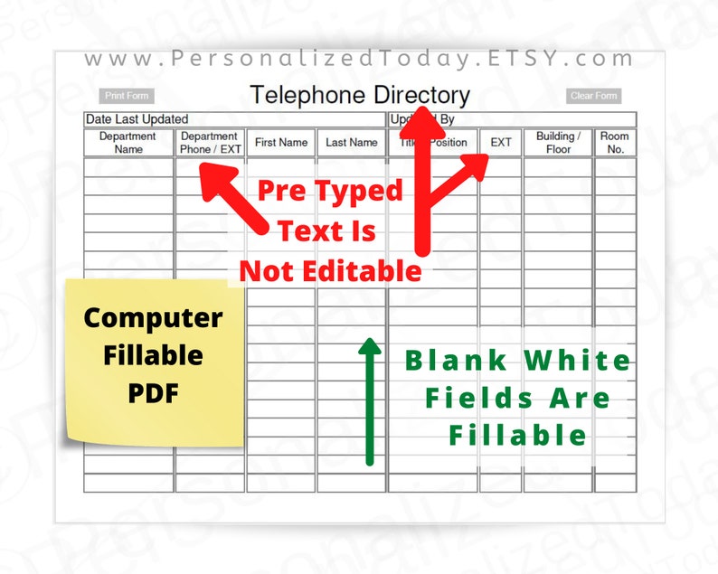 Telephone Directory Fillable Editable and Print and Write PDF Etsy