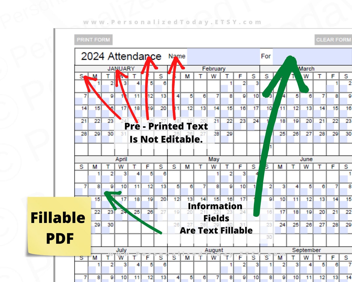 2024 Yearly Attendance Calendar Fillable and Print and Write PDF