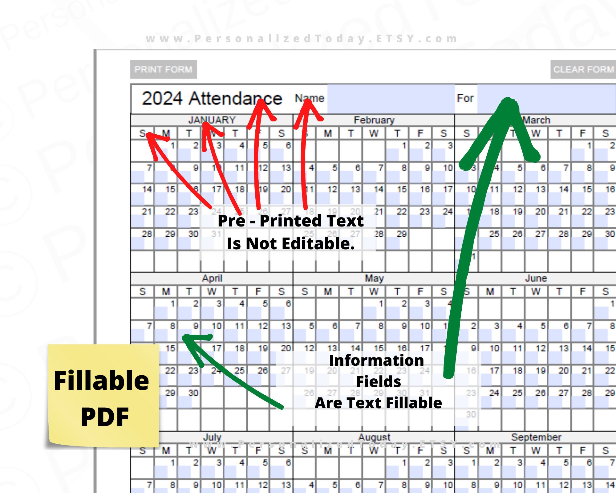 2025 Yearly Attendance Calendar Fillable and Print and Write PDF