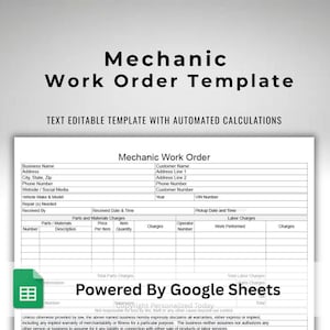 Mechanic Work Order Automotive Invoice Google Sheets Editable Spreadsheet Template With Totals Calculations