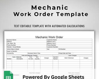 Mechanic Work Order Automotive Invoice Google Sheets Editable Spreadsheet Template With Totals Calculations
