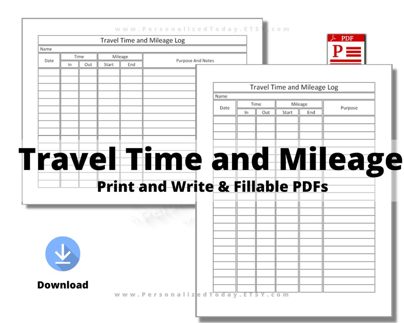 Printable PDF Employee Travel Time and Mileage Logs Print and Etsy