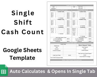 Cash Register Count Single Shift Google Sheets Editable Spreadsheet Template With Open and Close Daily Amount Totals Calculations