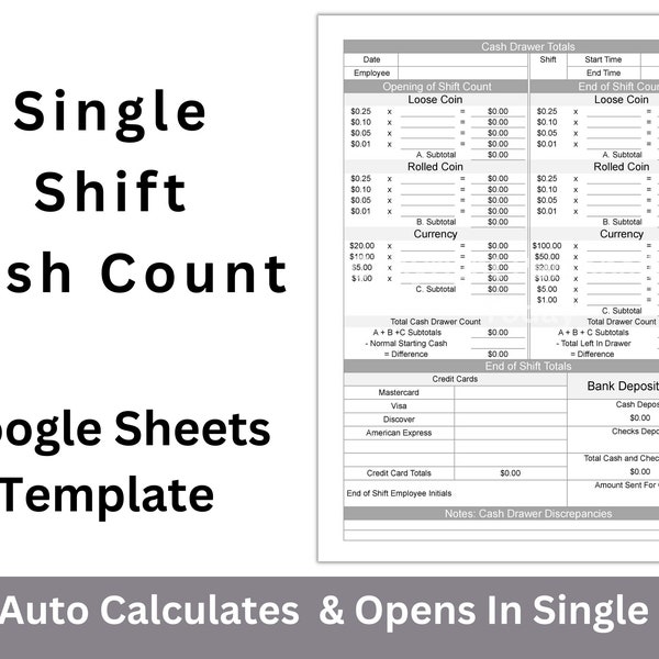 Cash Register Count Single Shift Google Sheets Editable Spreadsheet Template With Open and Close Daily Amount Totals Calculations