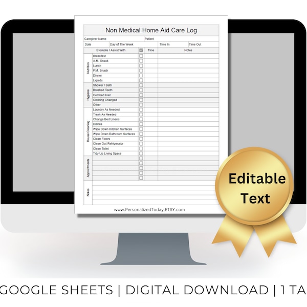 Companion Care To Do List Non Medical Home Care Log Sheet Text Fillable / Text Editable Google Sheets Template With Clickable Check Boxes