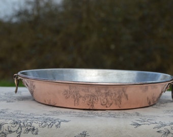 Copper Gratin Pan French Vintage Copper New Hand Wiped Tin Roasting Dish Round Oven 24cm 9 1/2 Two Ring Handles Good Iron Ring Edge