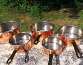 Set of Five Vintage French Stainless Steel Copper Clad Professional Graduated Quality Pans Cast Brass Handles Normandy Kitchen Copper 6268