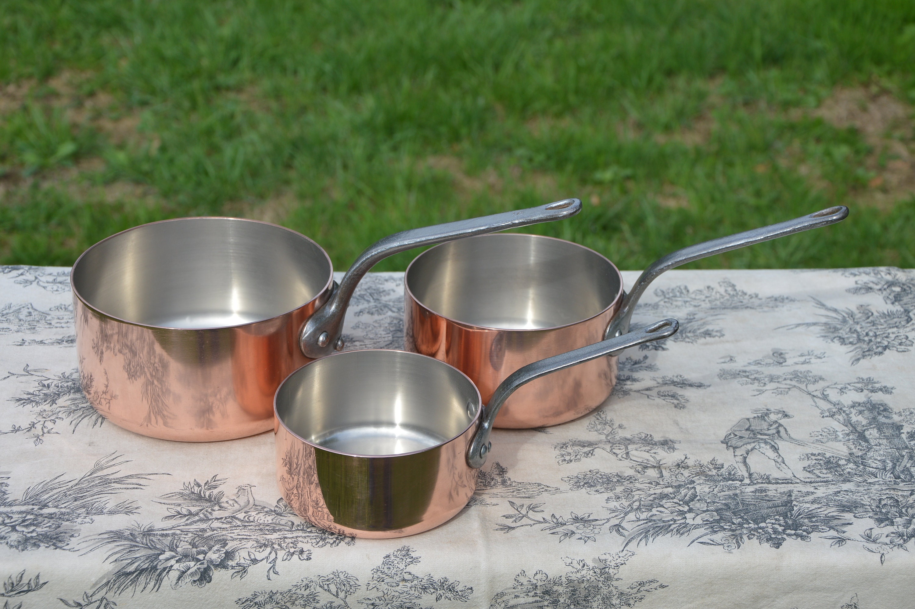 Small Vintage Copper Pots With Handles Three Heavy Graduated Sauce Pans Set  Copper Cookware 