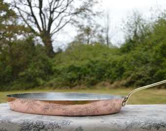 Vintage Large Copper Fish Saute 40cm 15 3/4" Long 1.4mm Steak Pan New Hand Wiped Tin Professional Fry Bronze Handle