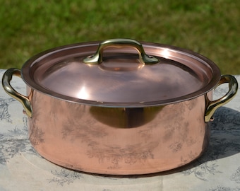 Antique French Copper Casserole Pan Pot Dutch Oven Lid New Hand Wiped Tin Cocotte 1.6mm Oval 20cm 8" Made In France Villedieu Made