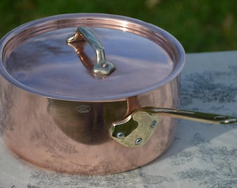 Antique Villedieu Copper Saucepan with Lid, Restaurant Quality, 20cm