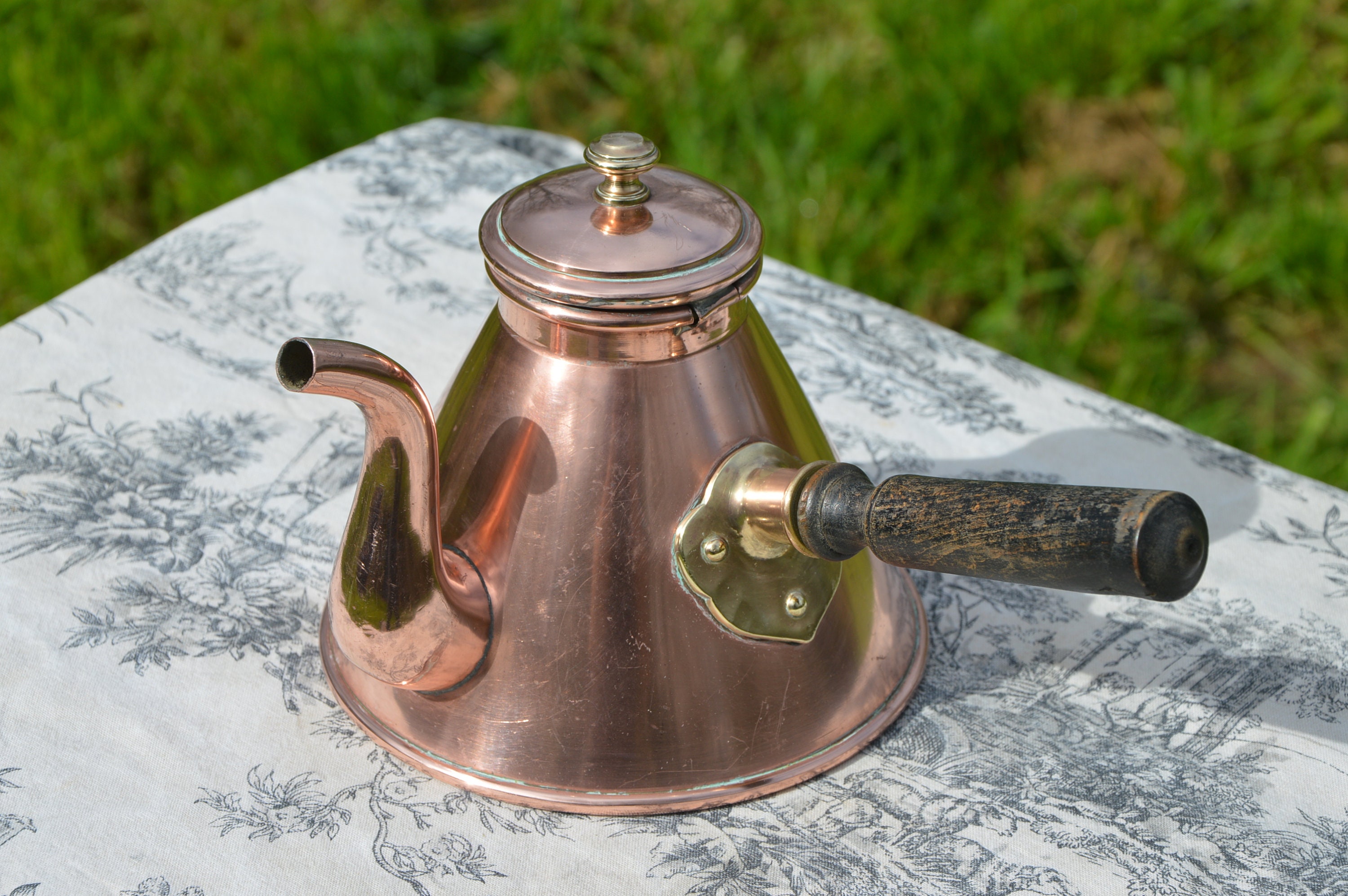 French Vintage Copper Chocolate Pot or Normandy Coffee Pot with Oak