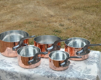 Set Copper Pans 2.8-3mm Five New In House Tin Lining Hammered Villedieu