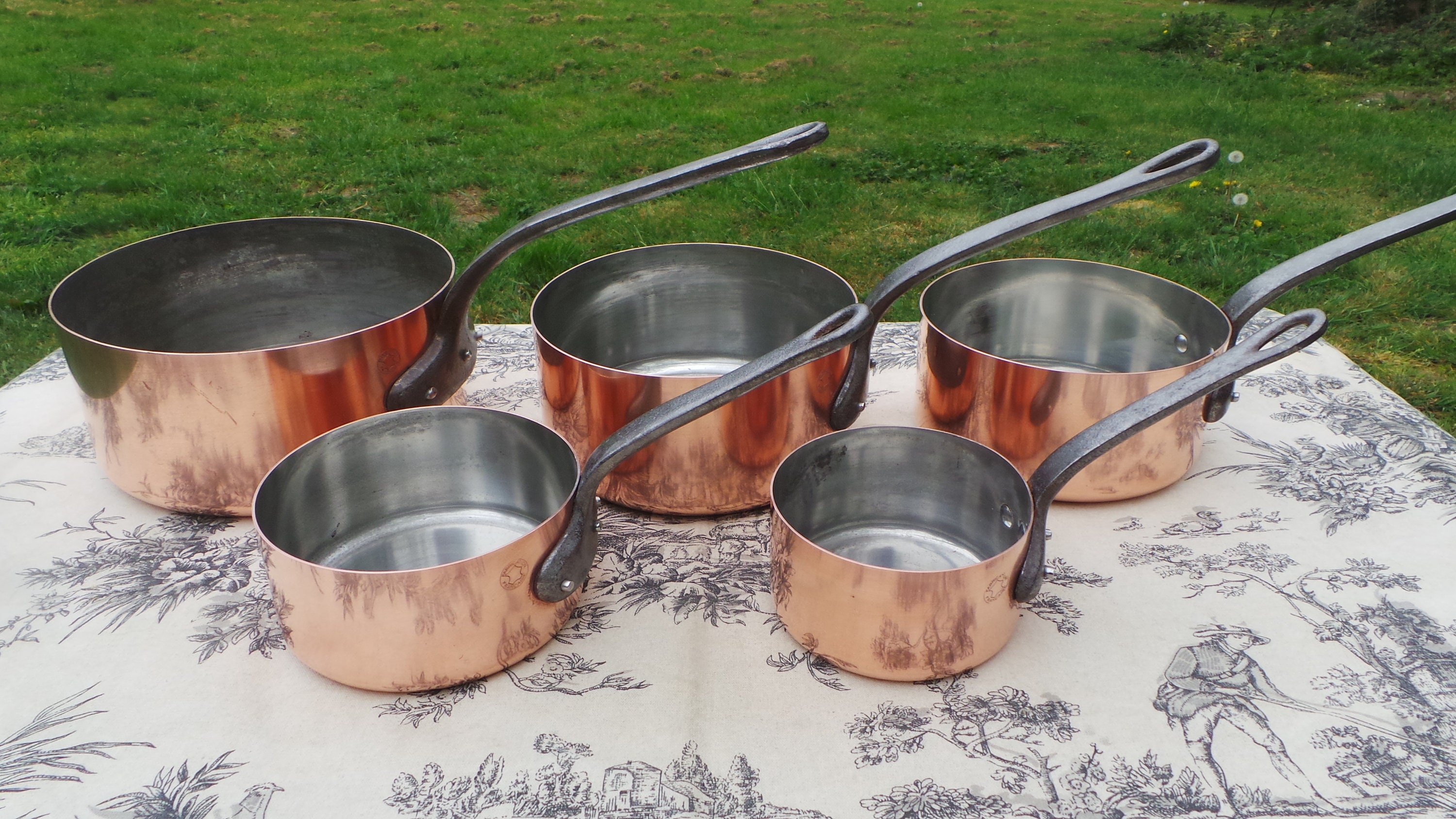 Copper Pans Vintage E France Fabrication Francaise Set of Five French