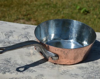 Antique French Copper 2.3mm New Tin Lined Professional Windsor Splayed Sauce Pan Sauteuse Evasee 20cm Forged Iron Handle Showing Age.