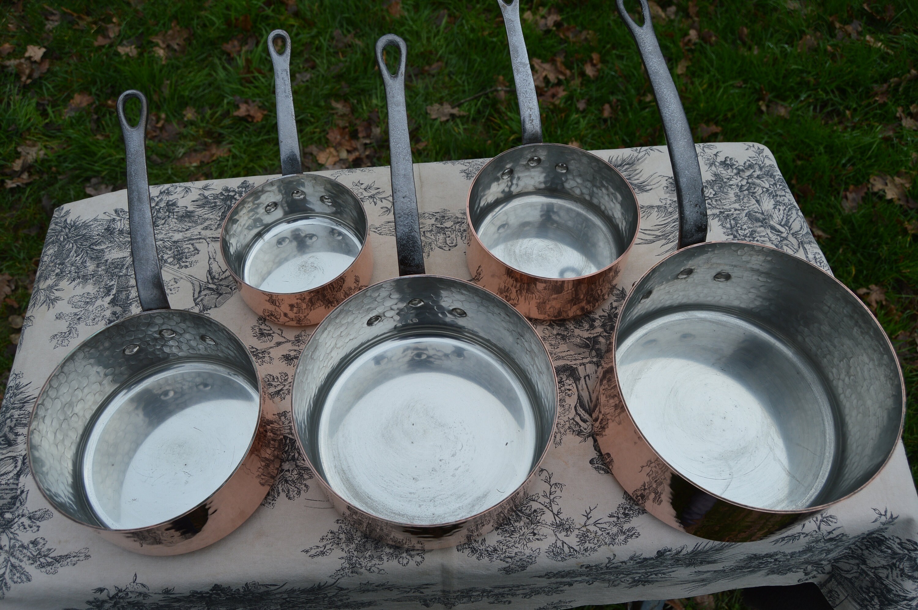 Copper Hammered Pans Five Vintage French 1.8-1.9mm Tin Lined