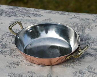 Vintage New Tin Gratin Pan French Copper Pan Vintage Copper Dish Round 16cm 6 1/4 inch Copper Pan Three Copper Rivets Bronze Handles