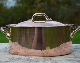 Vintage French Copper Casserole Pan Pot Dutch Oven Lid Factory Tin Cocotte Faitout 1.5mm Round 20cm 8" Made In France Villedieu les Poeles