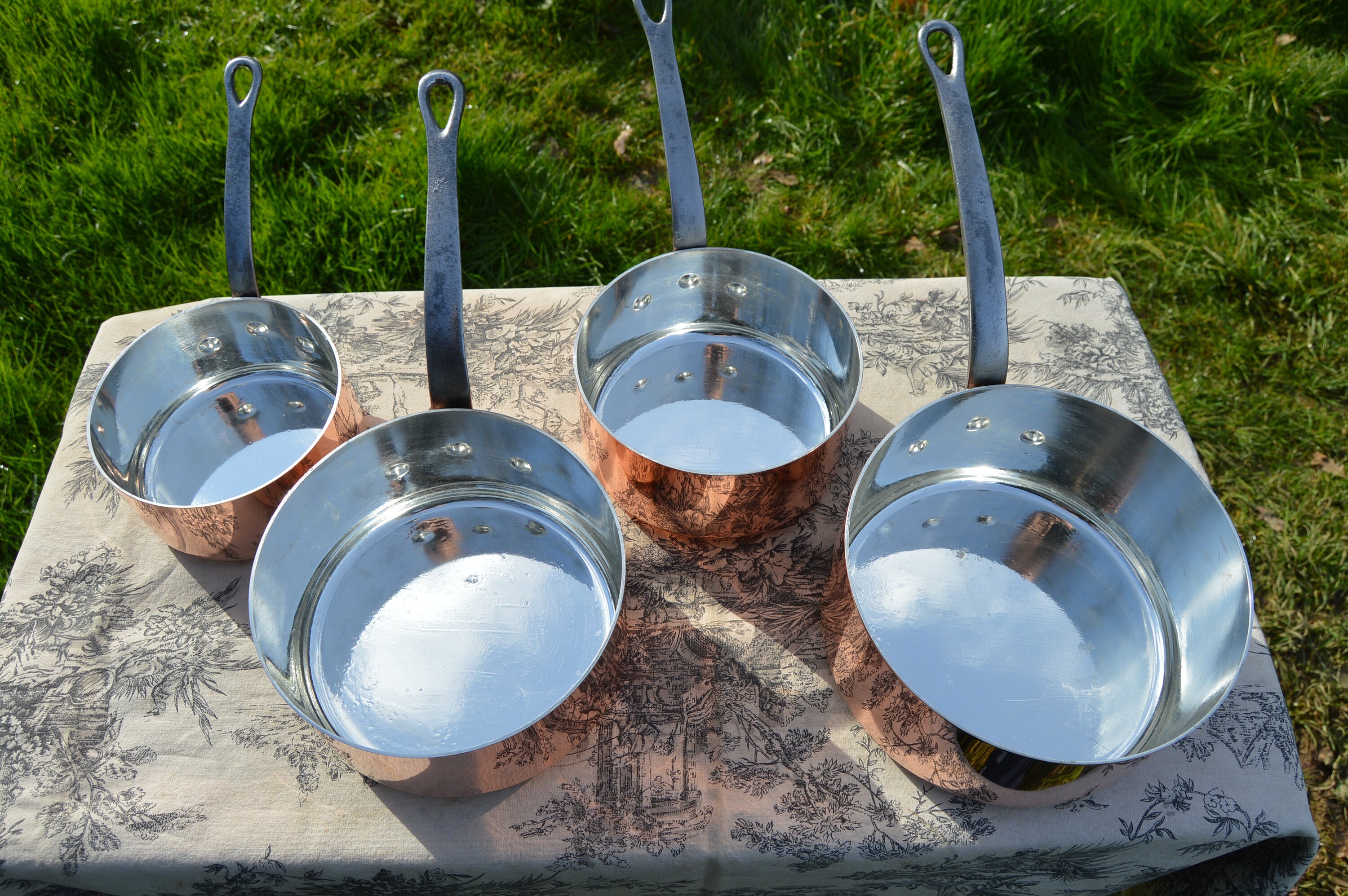 Copper Pans New Villedieu Tin Vintage Four French Copper 1.8mm Pans Cast Iron Handles Normandy