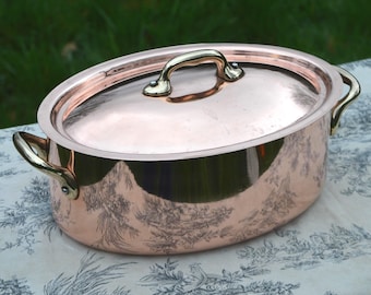 Vintage Copper Stainless Steel Casserole Dish, Made in France, 26cm Oval Dutch Oven