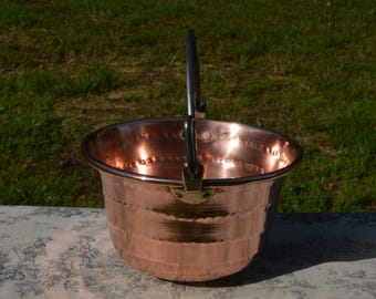 Antique French Copper Jam Cauldron: Hand Hammered Pot with Iron Handle
